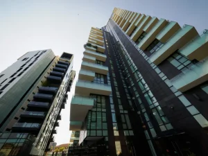 Modern high-rise apartments viewed from street level
